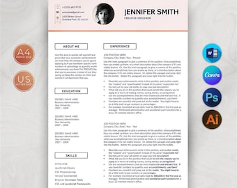 May include: A pink and white resume template with a professional headshot. The resume includes sections for "About Me", "Education", "Skills", and "Experience".