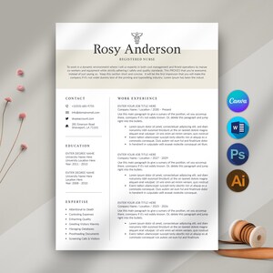 May include: A resume template with the name "Rosy Anderson, Registered Nurse" at the top. The resume includes sections for contact information, education, work experience, and expertise. The design is clean and professional, with a light beige header.