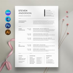 Resume Template, Clean Resume Templates Canva, MS Word, PSD & Illustrator, Two Page Resume Template, Cover Letter, Instant Download