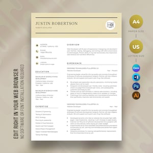 May include: A beige resume template with a gold border. The resume is for Justin Robertson, a website developer. The resume includes contact information, education, experience, and expertise. The resume is formatted in a professional and easy-to-read style.