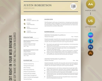 Website Developer Resume Template Canva and MS Word, Engineering Resume, Web Developer, Matching Cover Letter Template, Instant Download