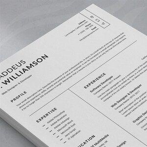May include: A black and white resume template with the name "ADDEUS WILLIAMSON" at the top. The resume lists the job title "Web Designer & Developer" and includes sections for "Profile", "Expertise", "Experience", and "Education".