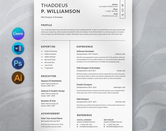 Resume Template, CV Template, Matching Cover Letter, Minimal Resume Templates, Creative And Modern Resume for Word & Canva, Instant Download
