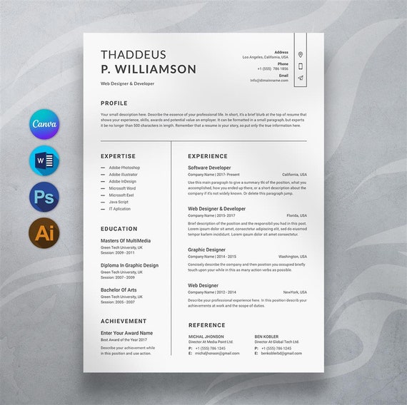 Resume Template, CV Template, Matching Cover Letter, Minimal Resume Templates, Creative And Modern Resume for Word & Canva, Instant Download