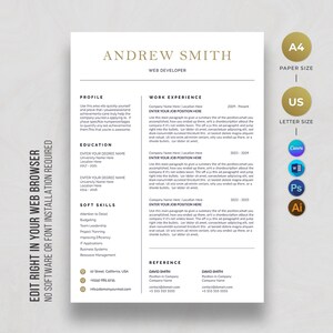 May include: A professional resume template with a clean, modern design. The document features sections for profile, work experience, education, and soft skills. Includes text: "ANDREW SMITH WEB DEVELOPER". The resume is designed for A4 and US Letter sizes.