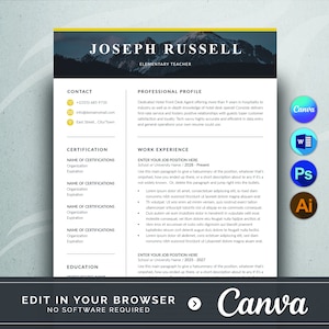 Resume Template For Canva, CV Template, Cover Letter, Minimal Resume Templates, Elementary Teacher Resume for Word, Instant Download