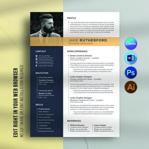 May include: A modern resume template with a professional design. The resume features a headshot, contact information, education, skills, work experience, and references. The design incorporates navy blue, gold, and white elements, with icons for software like Canva, Word, Photoshop, and Illustrator.