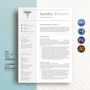 Medical Resume Template For Canva & Word, New Grad Nurse Resume Template, Doctor Resume, RN Resume, Nurse CV, Remote Nurse, Instant Download