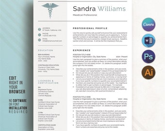 Medical Resume Template For Canva & Word, New Grad Nurse Resume Template, Doctor Resume, RN Resume, Nurse CV, Remote Nurse, Instant Download