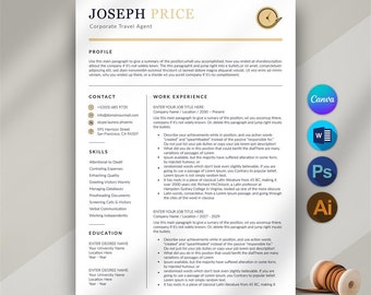Può includere: Un modello di curriculum con un'icona di orologio dorata nell'angolo in alto a destra. Il curriculum è per un agente di viaggi aziendale di nome Joseph Price. Il curriculum include sezioni per il profilo, i contatti, le competenze, l'esperienza lavorativa e la formazione.