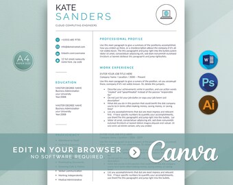 Cloud Computing Engineer Resume For Canva, , CV Template, Cover Letter, Minimal Resume Templates, Professional and Creative Resume for Word