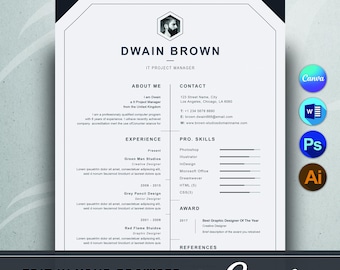 Modern Resume Template for Word & Canva Professional CV Design Clean Minimalist Resume Layout Editable Cover Letter Instant Digital Download