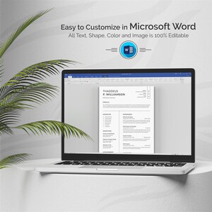 May include: A laptop computer displaying a resume template in Microsoft Word. The resume is for Thaddeus P. Williamson, a Web Designer & Developer. The template is customizable with editable text, shapes, colors, and images.
