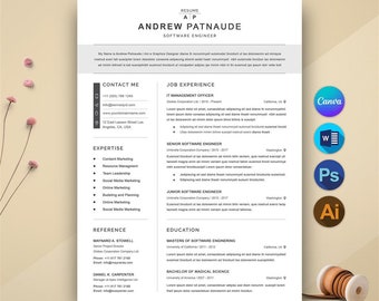 Può includere: Un modello di curriculum vitae in bianco e nero con il nome Andrew Patnaude e il titolo di Ingegnere del Software. Il curriculum include informazioni di contatto, esperienza lavorativa, istruzione e competenze.
