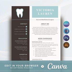 Dental Assistant Resume for Canva, Dentist CV Template, Dental Hygienist Resume for Word Instant Download, Orthodontic Resume | Dentistry CV
