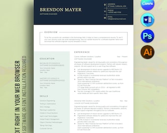 Software Engineer Resume Template Canva and MS Word, Engineering Resume, Software Engineer, Matching Cover Letter, Instant Download
