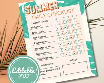 SUMMER Daily Checklist Chart for Kids Responsibility Chore My Daily To Do List Personalized Planner Printable Editable Homeschool PDF