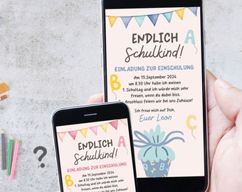 May include: A colorful phone screen displaying a digital invitation for a child's first day of school. The invitation features a cartoon illustration of a gift box with a bow and the text "ENDLICH A Schulkind!" which translates to "Finally a Schoolchild!" The invitation also includes the date "Am 15.September 2024" and the time "um 8.30 Uhr".