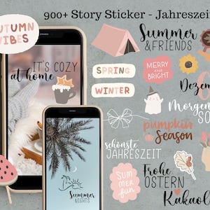 Könnte beinhalten: Ein Set mit über 900 digitalen Stickern für Instagram-Storys mit Illustrationen zu verschiedenen Jahreszeiten, darunter Sommer, Herbst, Winter und Frühling. Die Sticker enthalten Texte wie "Summer & Friends", "Autumn Vibes", "It's Cozy at Home", "Winter", "Spring", "Dezember", "Pumpkin Season", "Frohe Ostern" und "Kakaoliebe".