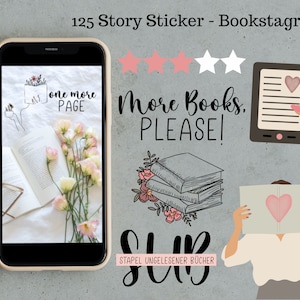 Könnte beinhalten: Ein Set mit 125 Instagram-Story-Stickern zum Thema Bücher. Die Sticker zeigen Illustrationen von Büchern, Blumen und Herzen. Der Text "More Books. PLEASE!" ist in schwarzer Schrift geschrieben. Der Text "STAPEL UNGELESENER BÜCHER" ist in schwarzer Schrift geschrieben.