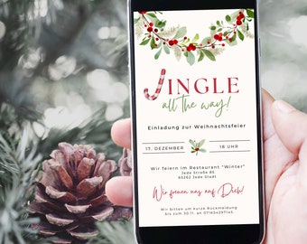 May include: A smartphone displays a Christmas invitation with the text "JINGLE all the way!" in red and green. The invitation includes details for a Christmas party, featuring a candy cane and festive greenery.
