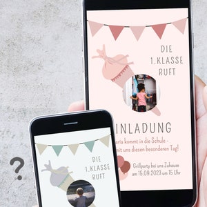 Digital invitation for school enrollment | Colorful school start, school start, 1st grade, first grader, school, pink or blue with photo