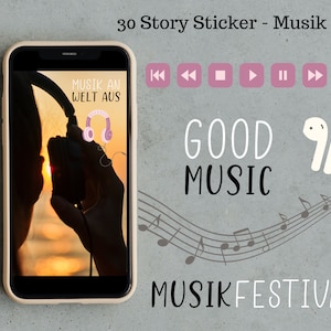 Könnte beinhalten: Ein Smartphone zeigt ein Sonnenuntergangsbild mit Kopfhörern und dem Text "MUSIK AN WELT AUS." Zusätzliche Elemente sind Musiksteuerungssymbole, die Wörter "GOOD MUSIC" und "MUSIKFESTIVAL" auf grauem Hintergrund.