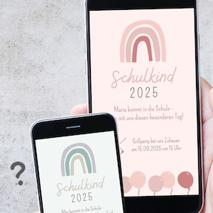 Digitale Einladung Einschulung | Bunter Schulstart, Schulbeginn, 1. Klasse, Erstklässler, Schule, rosa oder blau, Regenbogen