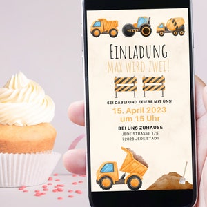 Invitación digital para fiesta de cumpleaños infantil | Obra de construcción, excavadora, grúa, pala, tractor