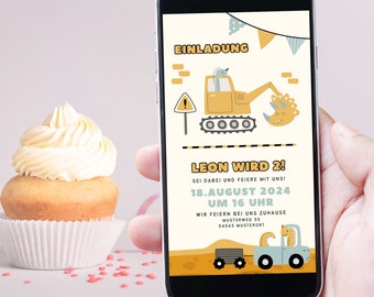 May include: A digital invitation displayed on a smartphone screen featuring a construction-themed design with a yellow excavator, a blue truck, and dinosaurs. The text reads EINLADUNG, LEON WIRD 2!, 18.AUGUST 2024 UM 16 UHR, and WIR FEIERN BEI UNS ZUHAUSE.