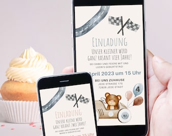 Digitale Einladung Kindergeburtstag | Ready, Set, Party! Einladung für kleine Rennfahrer, Auto, Rennbahn, Autorennen