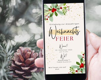 May include: A smartphone displays a digital Christmas party invitation. The invitation features elegant script and decorative floral elements with red berries and green leaves. The text includes the date, time, and location of the event.