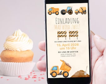 Digital children's birthday party invitation | Invitation for construction site fans, boys love excavators, cranes, shovels and tractors, Stop - it's Birthday