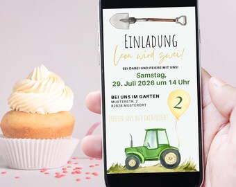Digital invitation for a children's birthday party | Tractor adventure for little farmers and farm lovers, tractor with balloon and number/age