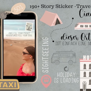 Instagram Story Sticker Set Travel | 190+ digital stickers, mix of motifs and lettering, for Instagram & Planner, vacation, travel, journey