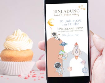 Digitale Einladung Kindergeburtstag | Rakete, Sterne und Planeten im Weltall, Einladung für kleine Weltall-Entdecker und Astronauten