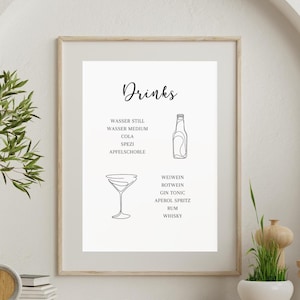 Getränkekarte zum selber ausdrucken, Karte für Getränke & Cocktails, Hochzeiten, Geburtstag, Dinner, minimalistische Getränkekarte, Download