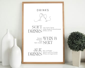 Getränkekarte zum selber ausdrucken, Karte für Getränke & Cocktails, Hochzeiten, Geburtstag, Dinner, minimalistische Getränkekarte, Download
