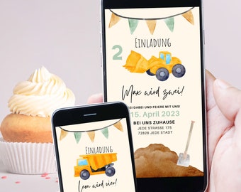Digital invitation for a children's birthday party | Invitation for construction site fans and little builders with excavator and shovel, pennants for the celebration
