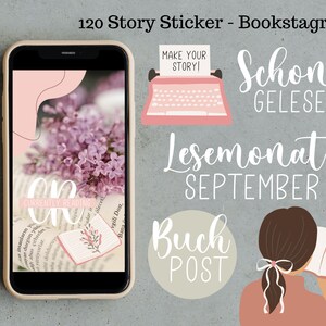 Könnte beinhalten: Ein Set mit 120 digitalen Stickern für Instagram-Storys, mit Illustrationen rund um Bücher und Lesen. Die Sticker beinhalten eine Schreibmaschine, ein Buch mit einem Herz, ein Mädchen, das ein Buch liest, und Text auf Deutsch, der "Schon Gelesen?" (Schon gelesen?), "Lesemonat September" (Lesemonat September) und "Buch Post" (Buchpost) lautet.