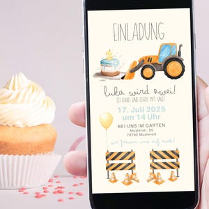 Convite digital para festa de aniversário infantil | Canteiro de obras, escavadeira, guindaste, pá, trator