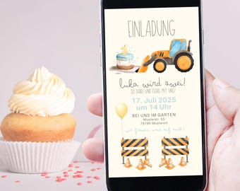 Digital invitation for a children's birthday party | Construction site, excavator, crane, shovel, tractor, invitation for construction site fans and little builders