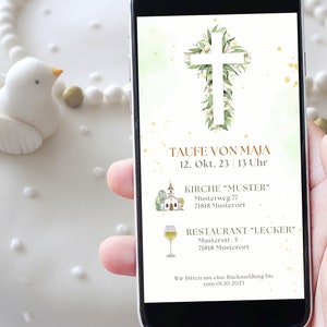 Invito digitale per battesimo | Invito personalizzato, biglietto di battesimo WhatsApp, ecologico e moderno, motivo eucalipto, croce, elegante
