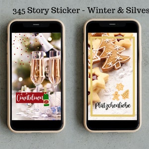 Könnte beinhalten: Zwei Smartphones mit winterlichen Grafiken. Eines zeigt Champagnergläser und das Wort "Countdown" auf einem roten Banner. Das andere zeigt Lebkuchen und das deutsche Wort "Plätzchenliebe".