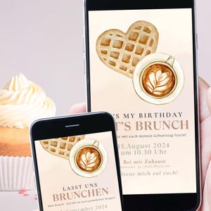 Könnte beinhalten: Eine digitale Einladung zu einem Geburtstagsbrunch mit einer Waffel- und Kaffeeillustration. Der Text lautet "Es ist mein Geburtstag, Es ist Brunch!" und "15. August 2024 um 10:30 Uhr. Bei mir zu Hause. Ich freue mich auf euch!"