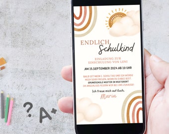 Puede incluir: Una invitación digital para un evento escolar con un diseño de arcoíris colorido y un sol con una nube. El texto dice "ENDLICH Schulkind EINLADUNG ZUR EINSCHULUNG VON LENI AM 15.SEPTEMBER 2024 AB 10 UHR BALD IST MEIN 1. SCHULTAG UND ICH WÜRDE MICH SEHR FREUEN, WENN DU DABEI BIST. GRUNDSCHULE MUSTER IN MUSTERORT IM ANSCHLUSS FEIERN WIR BEI UNS ZUHAUSE Ich freue mich auf Euch, Maria"