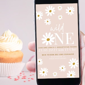 Digital invitation for a child&#39;s birthday party | Delicate flowers & great joy, invitation for a first birthday, daisies, marguerites