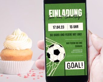 Digitale uitnodiging voor een kinderfeestje met voetbalthema | Speelse uitnodiging voor voetbalfans, doelpunt voor de verjaardag! Doelpunt, voetbalgekte gegarandeerd!