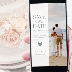デジタルSave the Dateカード | 結婚式にぴったりの、素早くモダンでパーソナルなカード。写真に合わせて色をカスタマイズ可能