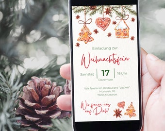 Puede incluir: Un teléfono inteligente muestra una invitación a una fiesta de Navidad. La invitación presenta ilustraciones de acuarela de galletas de jengibre, un corazón y una casa. El texto dice "Fiesta de Navidad" e incluye detalles de fecha y hora.